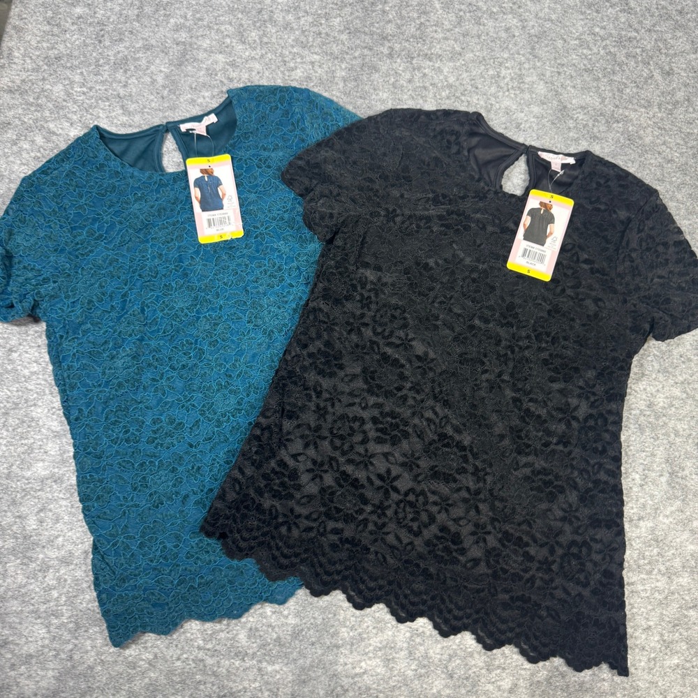 Teddi Rose Womens Floral Lace Short Sleeve Blouse 2 Pack Black Teal Small NWT